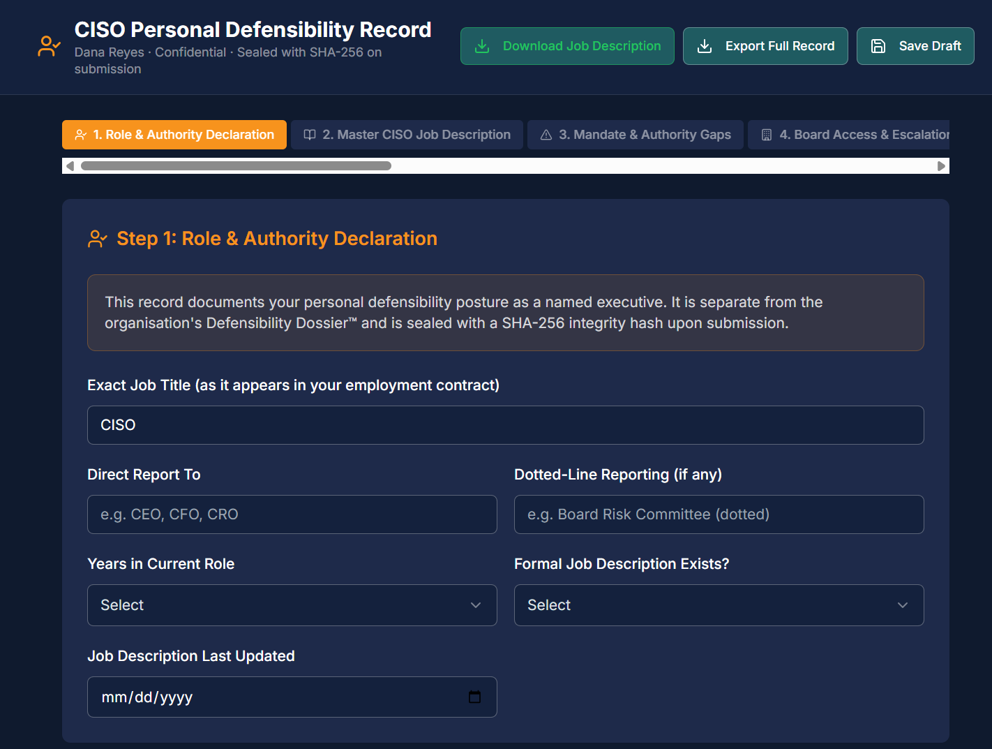 CISO Job Record — a dated, attributed accountability record of what the role does and does not own, ready for HR sign-off