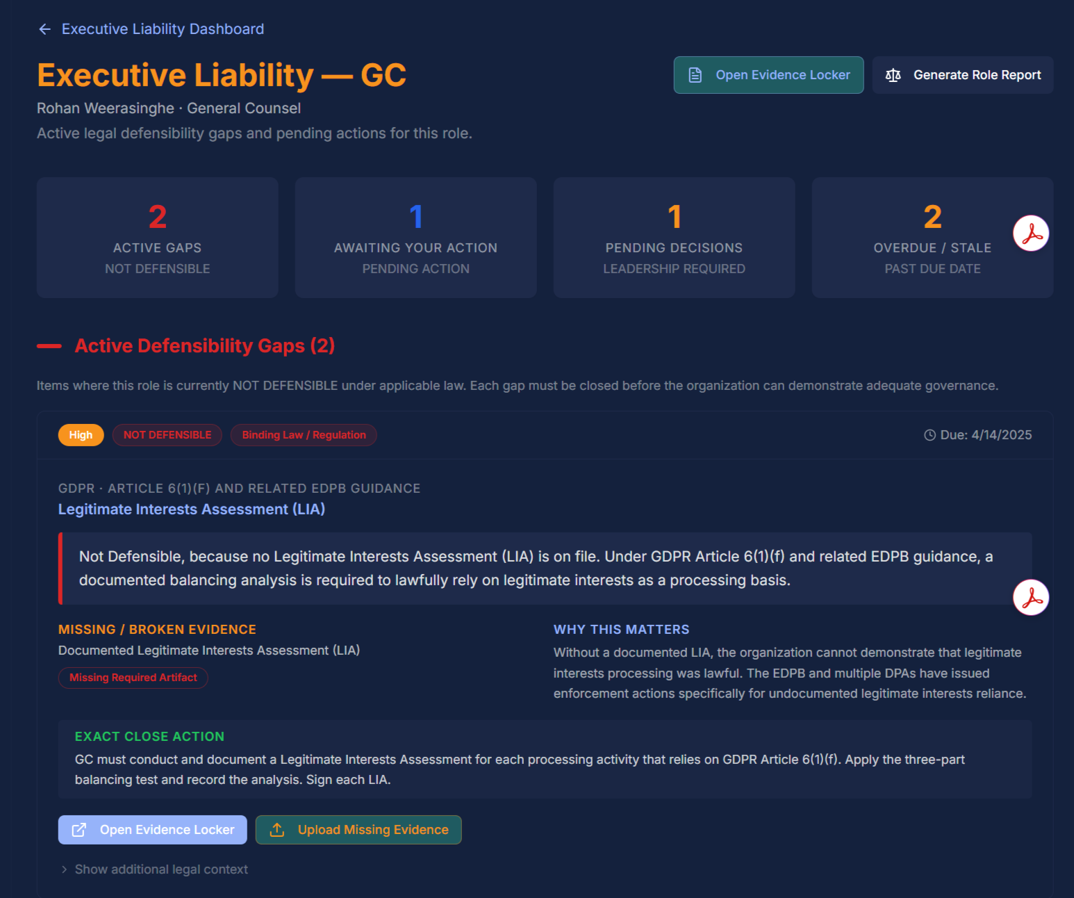 Executive Liability Drill-Down — GC role showing active defensibility gaps